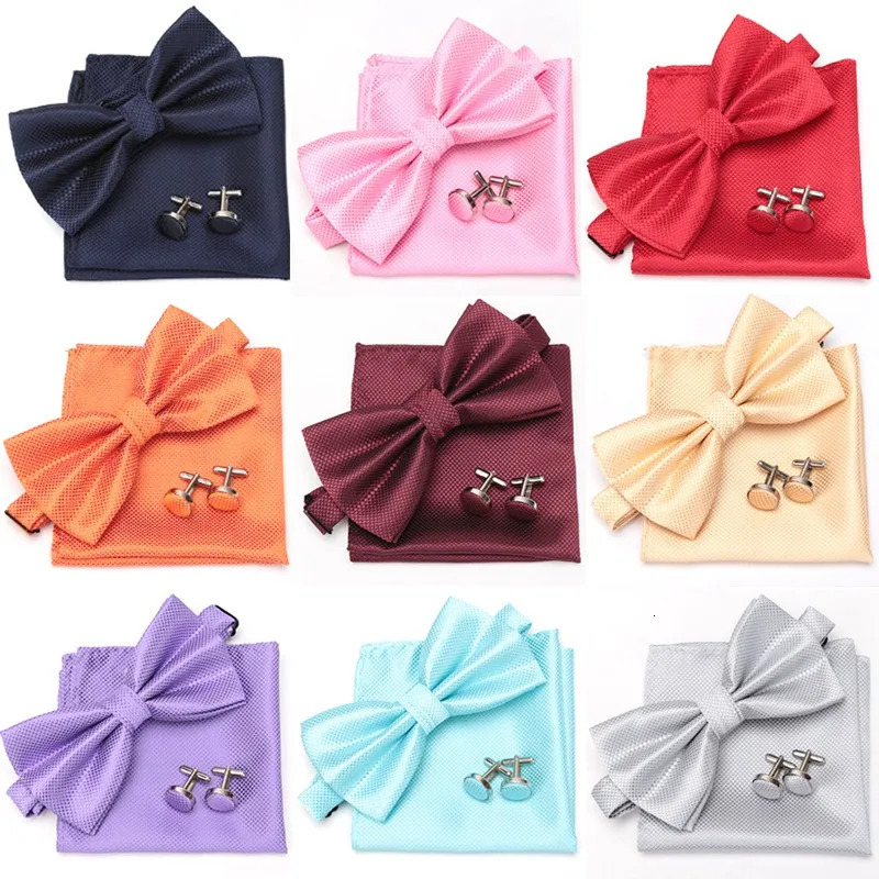 Men Bowtie Set 3pcs Plaids Classic Fashion Wedding Party Formal Cufflinks Bow Tie Handkerchief Cuff Links Lots Three Piece Set 260130