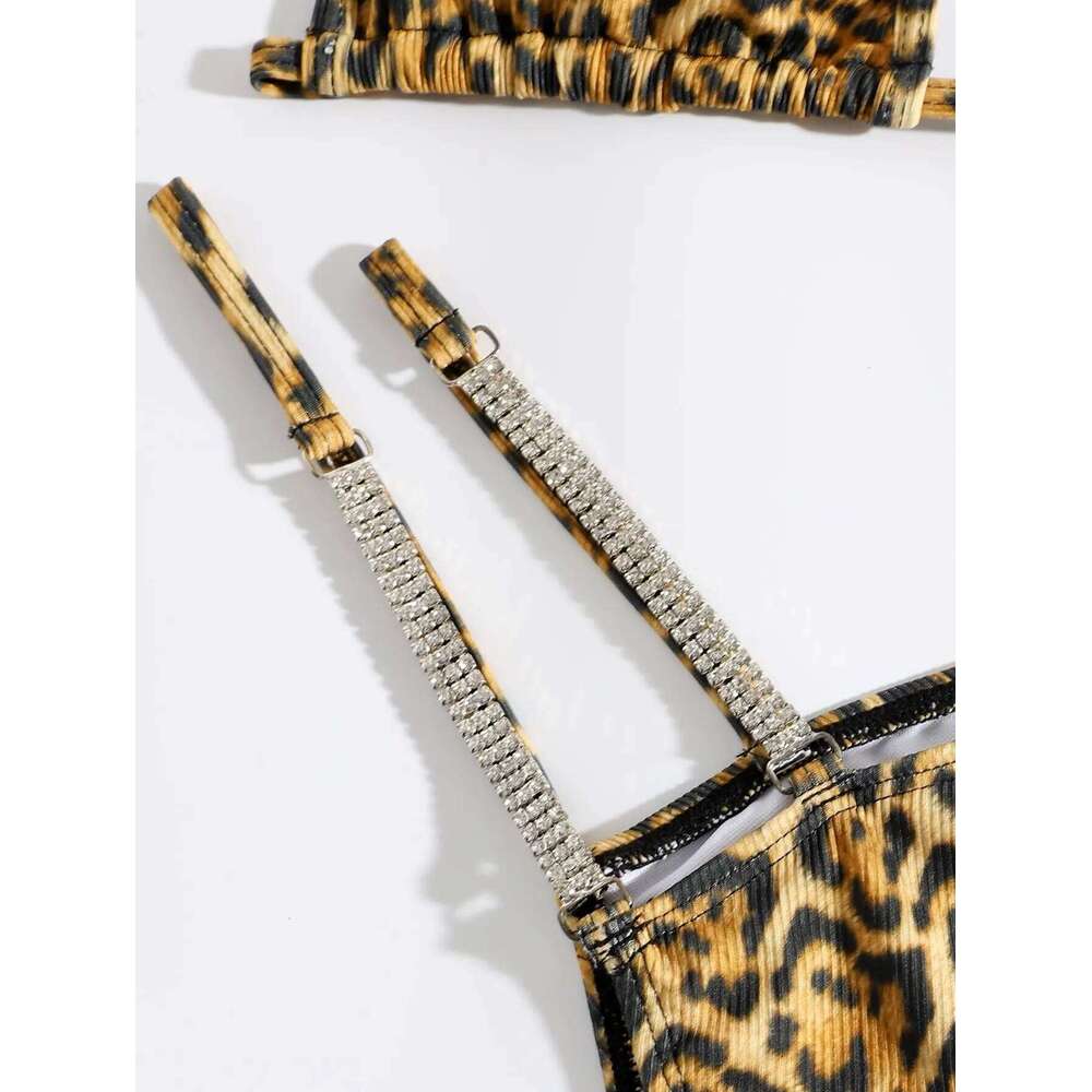Leopard Halter Thong Bikinis 2025 Women Sexy Triangle Swimsuit Diamond Swimwear Female Jewelry Bathing Swimming Suit Beachwear C260207