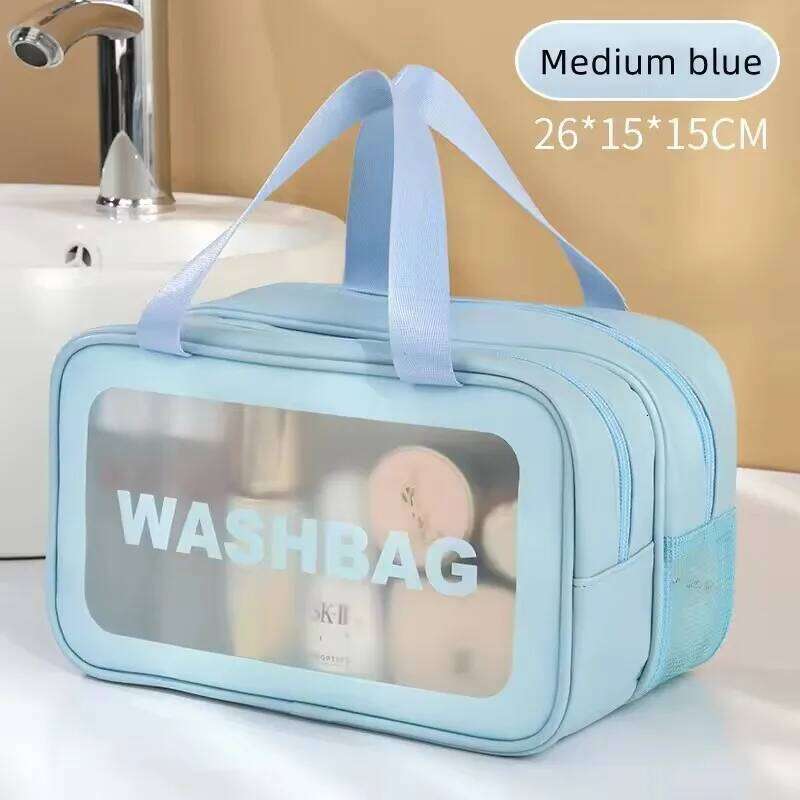 Dry-wet separation double transparent PU makeup portable washing cosmetic storage bag travel fitness swimming essentials Y260206