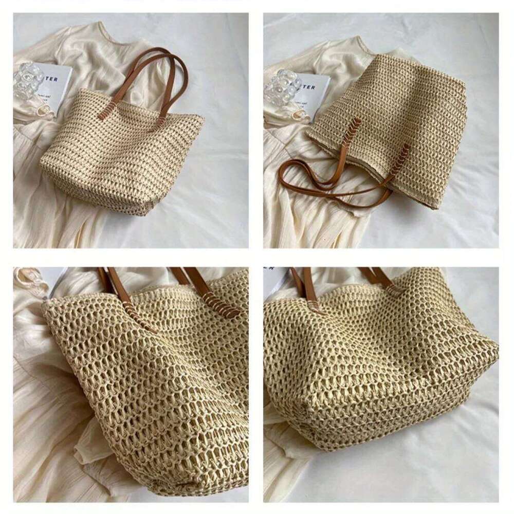Fashionable and Versatile Women's Woven Bag with Zipper for Travel, Large Capacity Beach Bag, Handbag C260207