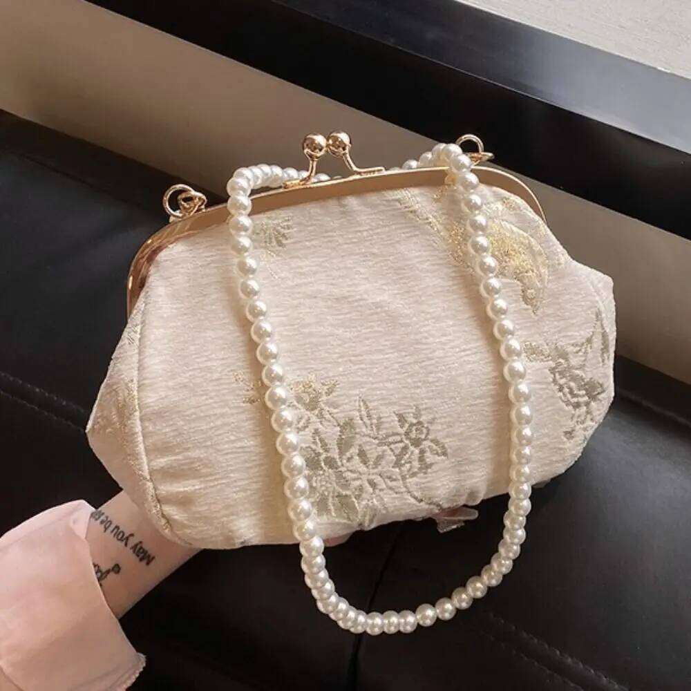 Portable Embroidered Chinese Style Pearl Chain Purses Hanfu Embroidery Handbag Canvas Shoulder Cheongsam Bag Party