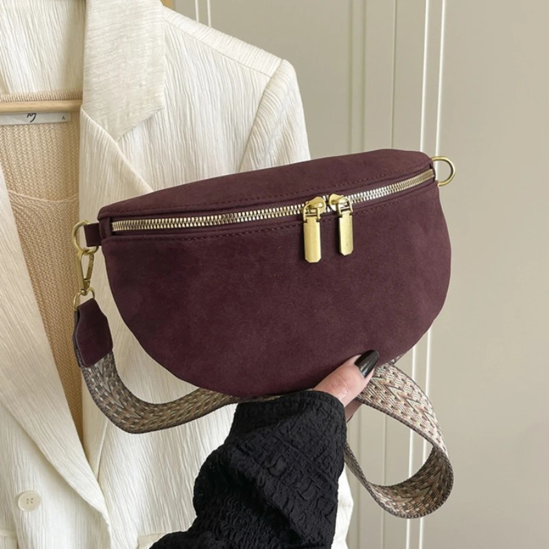 Womens Waist Bag Multi-pocket Street Fanny Pack Faux Suede Chest Bag Fashion Wide Strap Crossbody Bag Retro Solid Shoulder Bags 260130