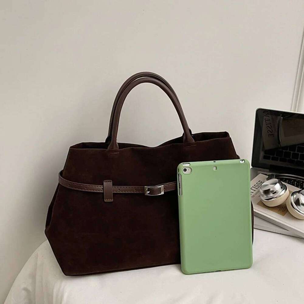 Simplicity Suede Tote Bag Belt Buckle Magnetic Clasp Large Capacity Water Resistant Bottom Studs for Daily Commute Shopping C260207