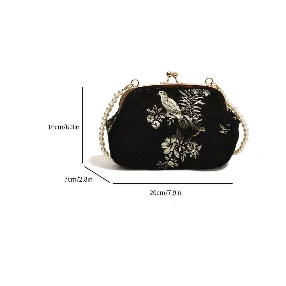 Portable Embroidered Chinese Style Pearl Chain Purses Hanfu Embroidery Handbag Canvas Shoulder Cheongsam Bag Party