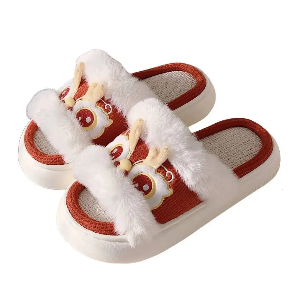 Home Slippers Chinese Trend Lion Dance Linen For Women FourSeason Stylish Anti Slip Thick Soled Cotton 260208