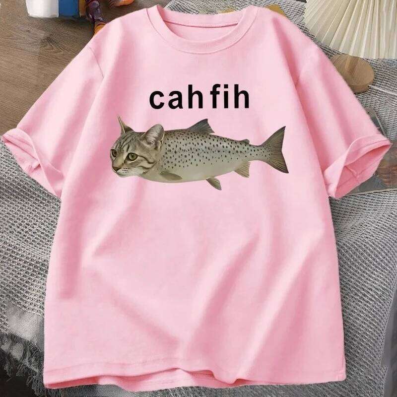 Cah T-Shirt Fih Funny Mispelled Meme T Shirt Cat and Fish Humor Tshirt Casual Short Sleeve Clothes Graphic Y2K C260207