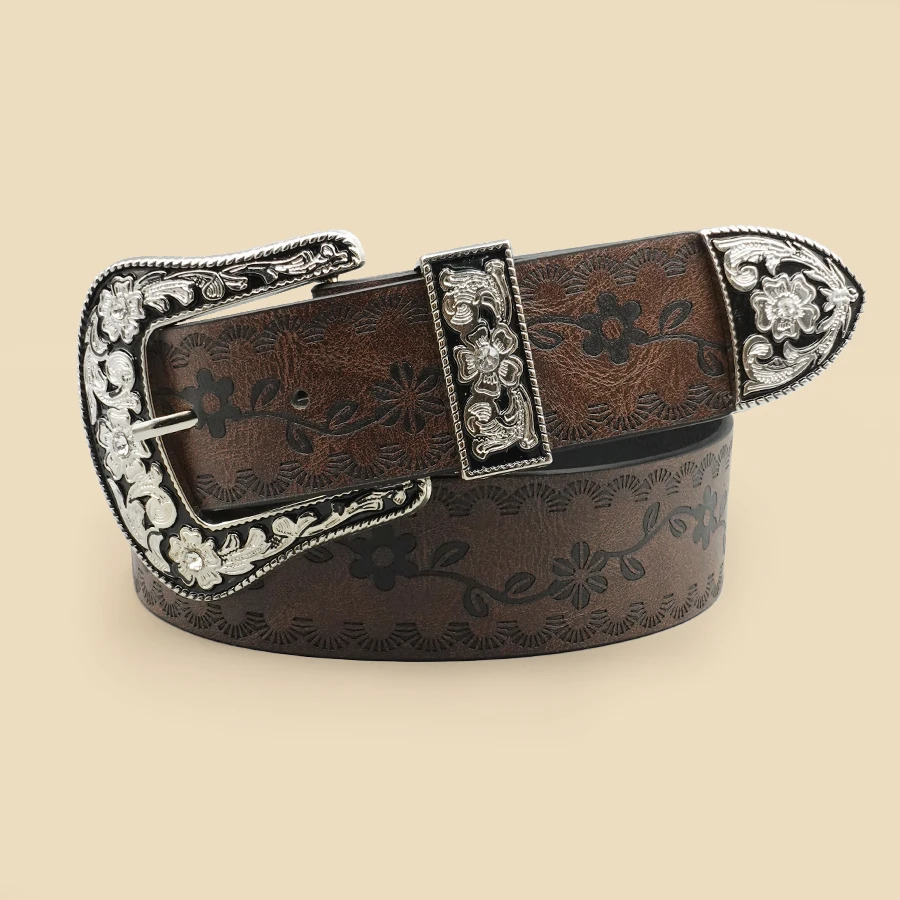 Vintage Carved Buckle Belt for Women Men - Brown Textured Floral Print Western Style Fashion Versatile Waistband Belt 260124