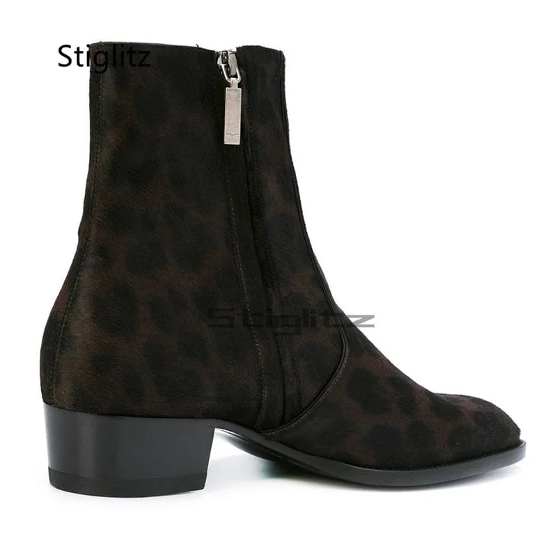Leopard Chelsea Boots for Men Med Heeled Genuine Leather Prints Ankle Zip Retro British Style High Top Catwalk Male Shoes 260208