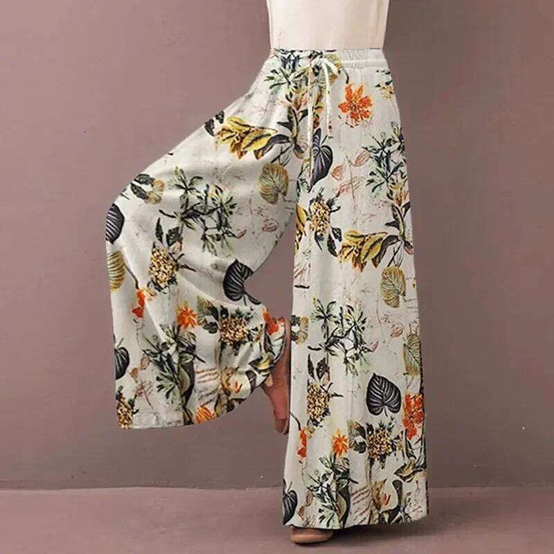 Floral Print Wide Leg Women Pants Spring Drawstring Bohemia Trousers Lady Casual Loose Elastic Waist Pantalonsw Plus Size