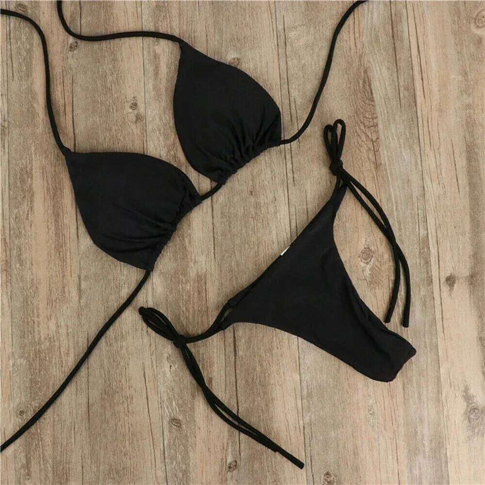 Solid Color Hanging Neck Style Lace-Up Bikini Women's Sexy Adjustable Triangle Beach Swimsuit Steel Bracket No Chest Pad C260207