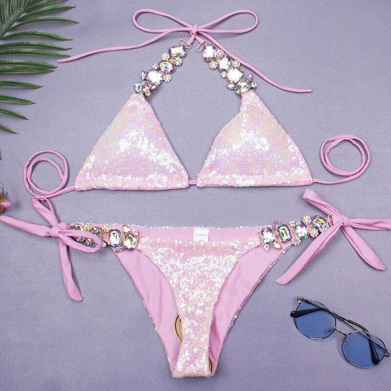 Sequins Sexy Bikinis Swimsuit With Rhinestones Women Swimwear Female Push Up Bikini Beach Swim Wear Bathing Suits Pool Bather C260207
