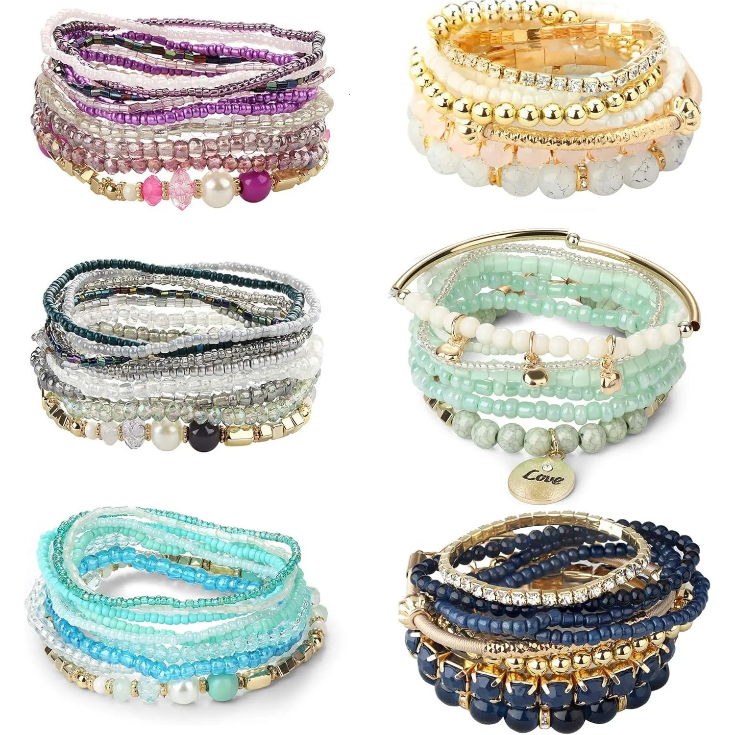 6 Sets Bohemian Stackable Bead Bracelets for Women Stretch Bohemian Style Multilayered Bracelet Set Jewellry Gifts 260107