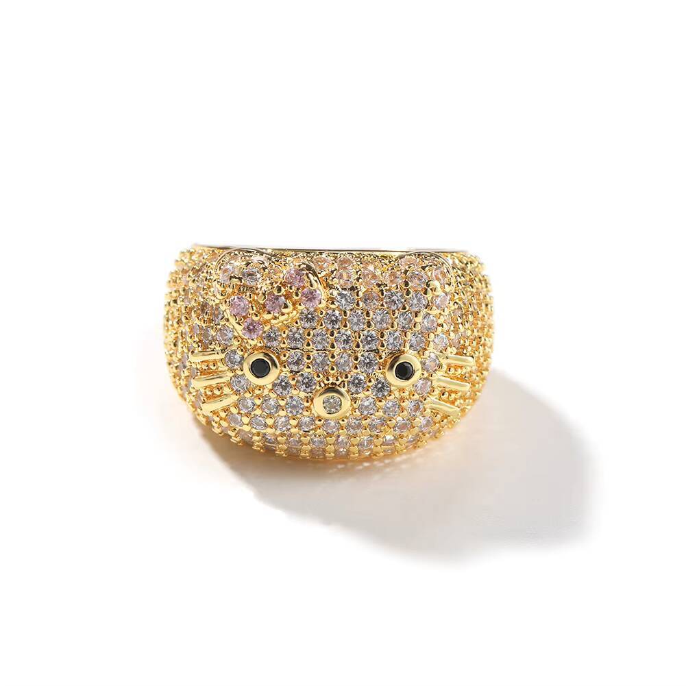 Dropshipping Luxury Iced Out Cat Face Brass 18K Gold Plated Ring for Women and Men Fashion Hip Hop Bling Statement Jewelry