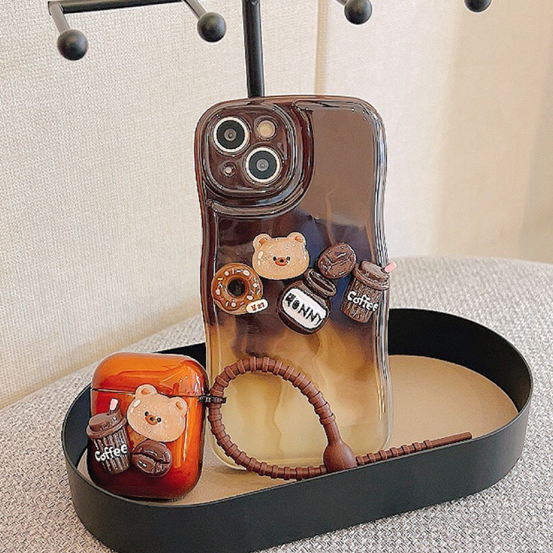 Vintage Coffee Bear Bluetooth Apple Earphone Case AirPods Protective Cover with Unique Lanyard and High-End Feel