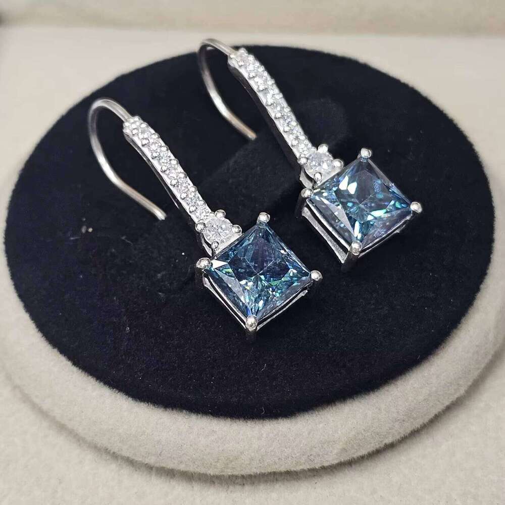 Original Fine Earrings 925 Sterling Silver Excellent Quality Latest Trendy Square Cut Blue Coated Moissanite Gemstone