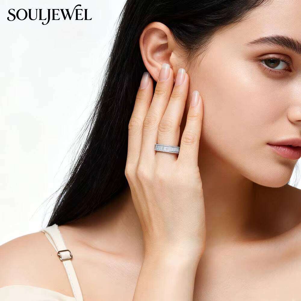 New Luxury Rectangular Baguette Moissanite Ring Full Eternity Design Hip Hop Style S925 Silver Rhodium Plated GRA Certified