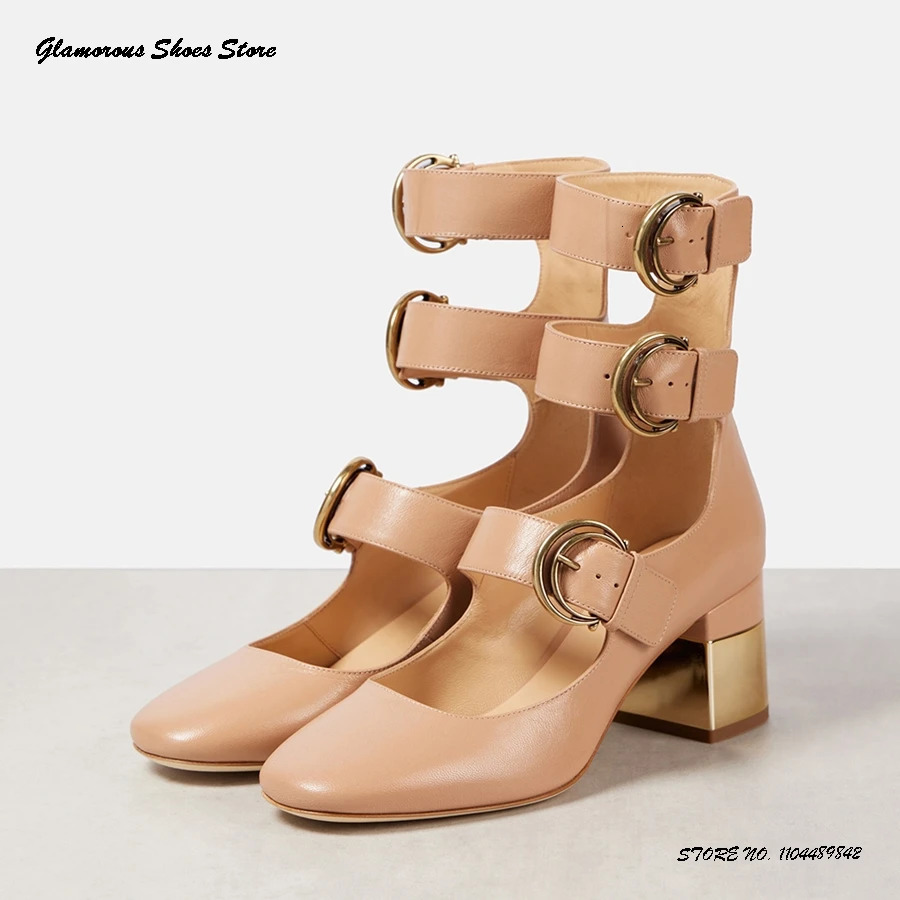 65cm Genuine Leather Mary Janes Shoes Square Toe Block Heel Belt Buckles Pumps Spring Summer Fashion Womens Party Dress 260208