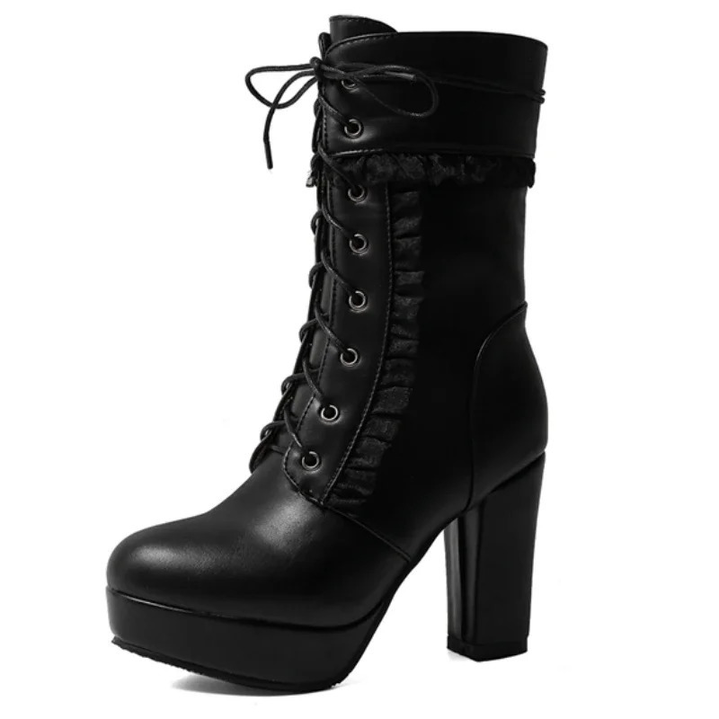 Short boots shoes 2025 Spring and Autumn Lolita thick heel waterproof platform high heels 260208