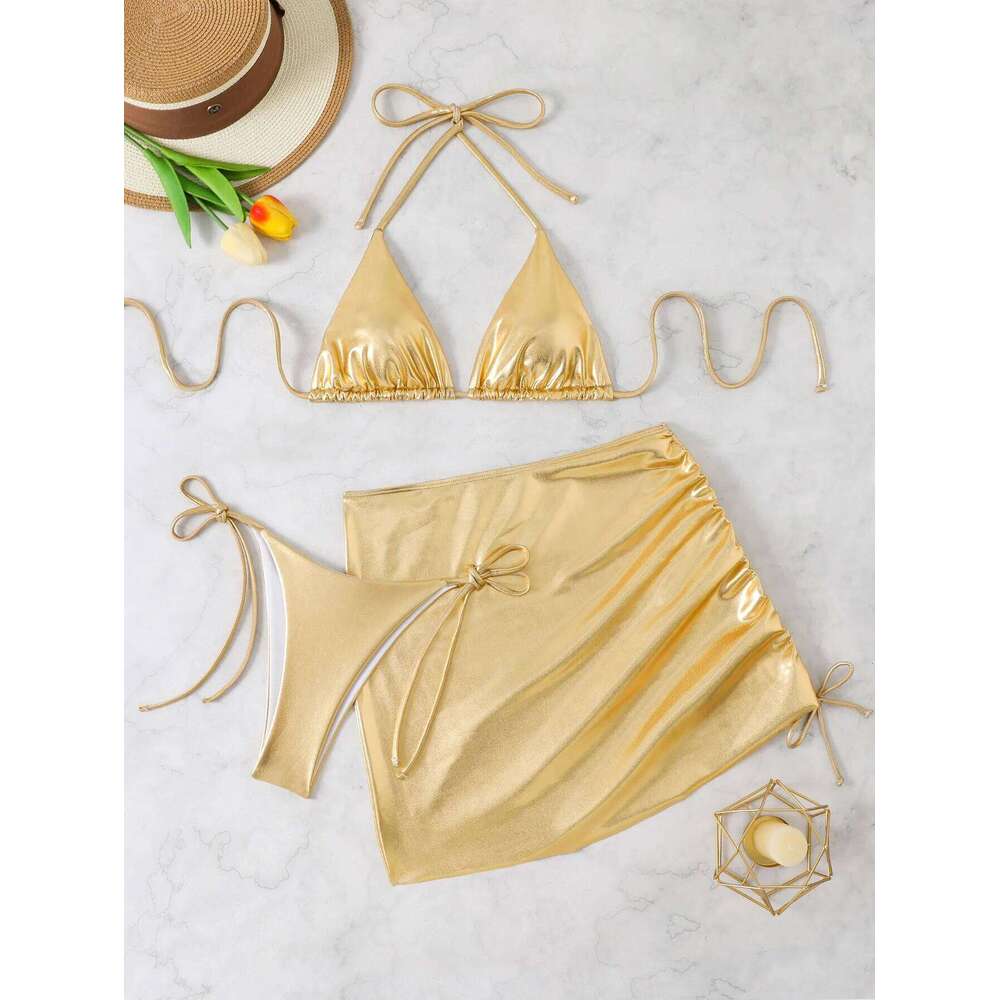 2025 New 3 Pieces Swimsuit Women Thong Swimwear Sexy Bronzing Bikini Set With Sarong Mini Skirt Beachwear Bathing Suit Gold C260207