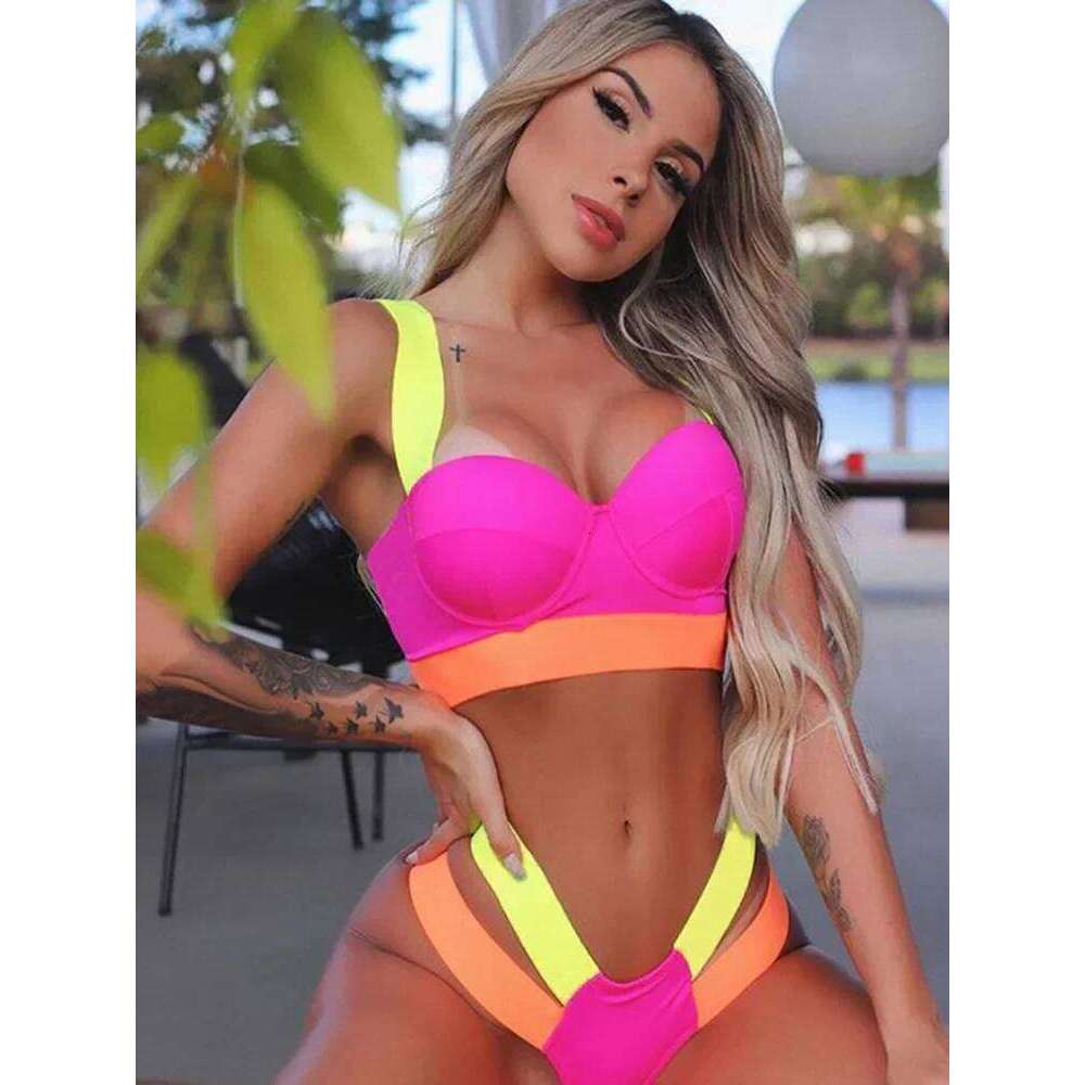 Splicing Push Up Bra Cup Women Swimsuit Female Swimwear Two-pieces Bikini Set High Cut Bathing Suit Swim Beach Wear C260207