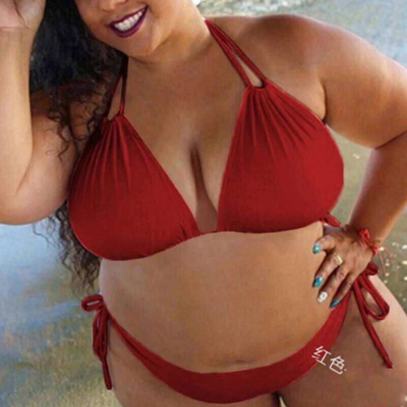 Sexy Plus Size Solid Color Straps Halter Bikini Split Swimsuit Ladies SwimwearBikini Set 2025 C260207