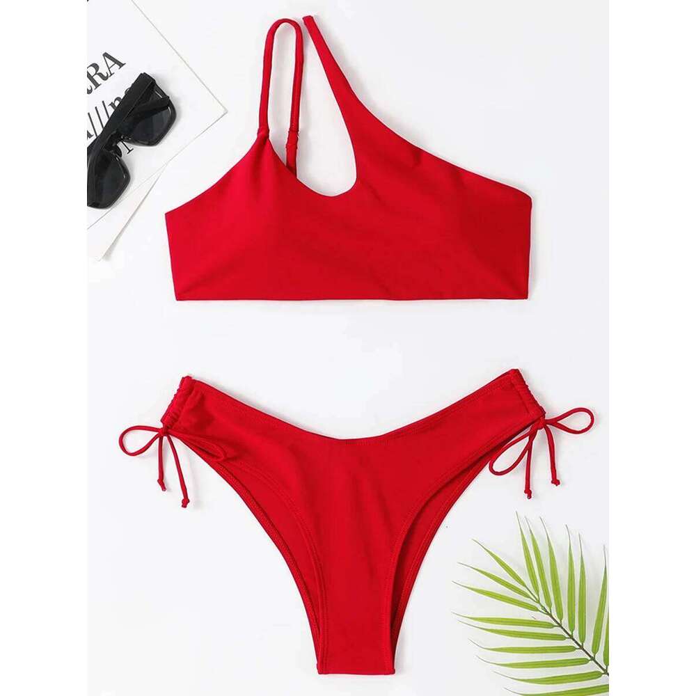 One Shoulder Bikinis 2025 Women Cut Out String Swimsuit Solid Sexy Swimwear Female Bathers Bathing Swimming Swim Suit Beachwear C260207