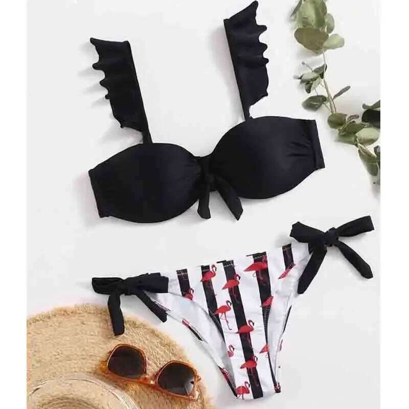 Cacocala 2024 Summer New Striped Lace Ruffle Women Bandeau Swimsuit Female Swimwear Bra Cup Bikini Set High Cut Bathing Suit C260207