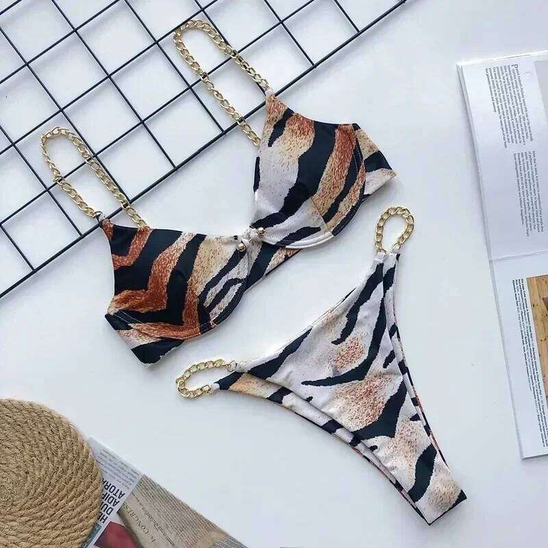 Sexy Chain Push Up Bikinis Set 2023 Mujer Micro Thong Swimsuit Swimwear Women Buckle Bathing Suit Biquinis Feminino Beachwear C260207