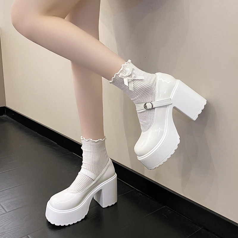 Chunky Platform High Heels Pumps Women Autumn Pu Leather Ankle Buckle Mary Jane Shoes Woman Thick Heeled White Lolita Shoes 260202