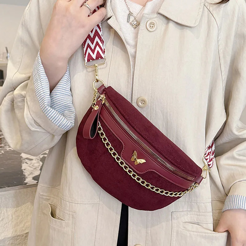 Faux Suede Chest Bag Bohemia Women Waist Bag PU Leather Handbag Chain Waist Pack Adjustable Strap Fashion Shoulder Crossbody Bag 260130