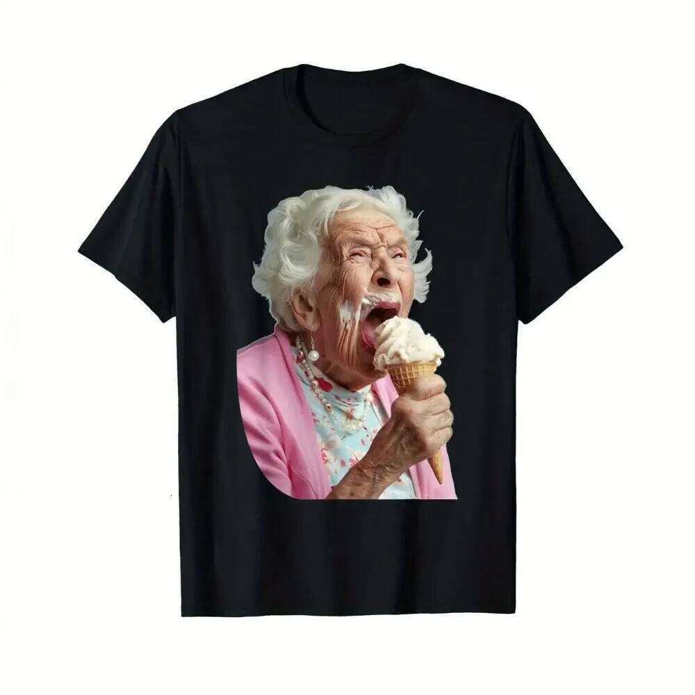 New Womens Fun Grandma Licking Ice Cream T-shirt Classic Version Soft and Comfortable High-quality Fabric C260207