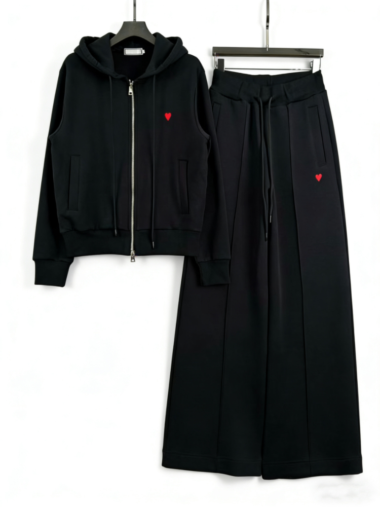 Women's Casual Tracksuit Set | Zip-Up Hoodie and Wide Leg Pants with Embroidery Detail | Soft Loungewear for Daily Wear