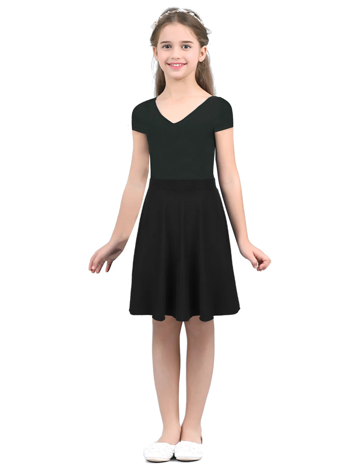 FEESHOW Kids Girls Skirts Big Solid Color Lightweight Stretchy Knee Length Full ALine Skater Skirt Casual Party Clothes 260207