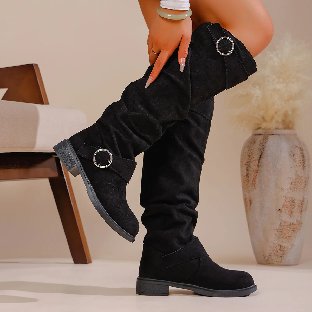 Womens Fashion Boots Winter Casual Round Head Flat Bottom Fold Roman Style Outdoor Joker Plus Size 260208