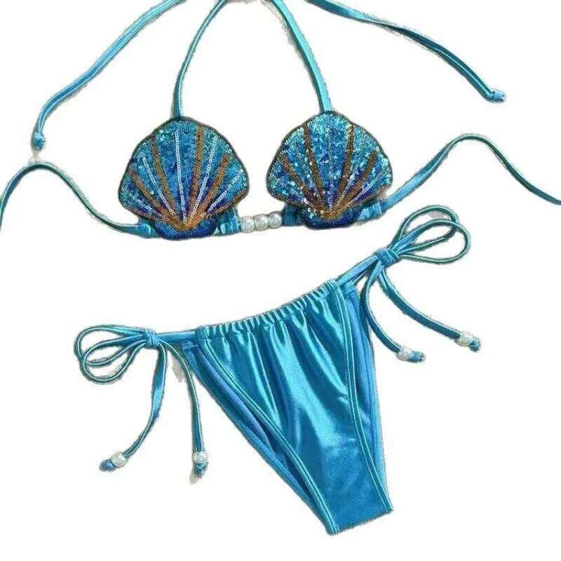 Women's Mermaid Shell Bikini Set Sexy High Waisted Bottom & Push Up Top Elegant Swimwear Beach Vacation Summer Blue Suit Holiday C260207