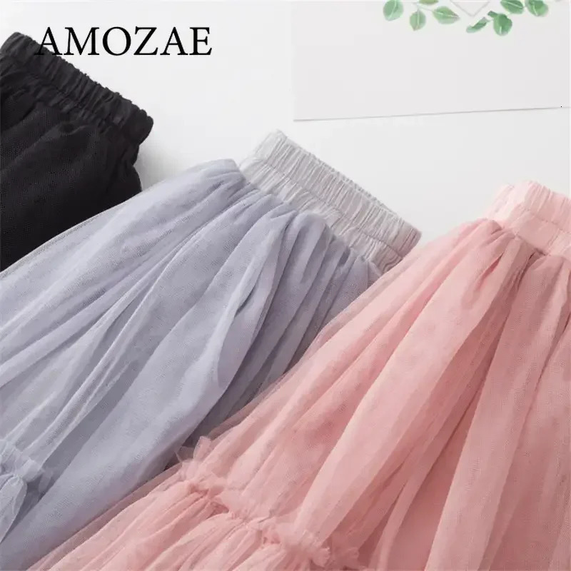 Girls Skirts Cotton Lace Tutu Pleated Skirt Black Pink Gray Puff Princess Long Childrens Clothing 4 6 8 10 12Y 260207