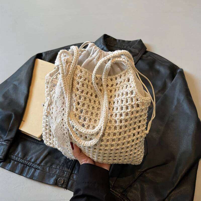 Crochet Lace Bow Tote for Women Summer Beach Handbag Large Capacity Hollow Out Knitted Bags Bohemian Woven Shoulder Bag C260207