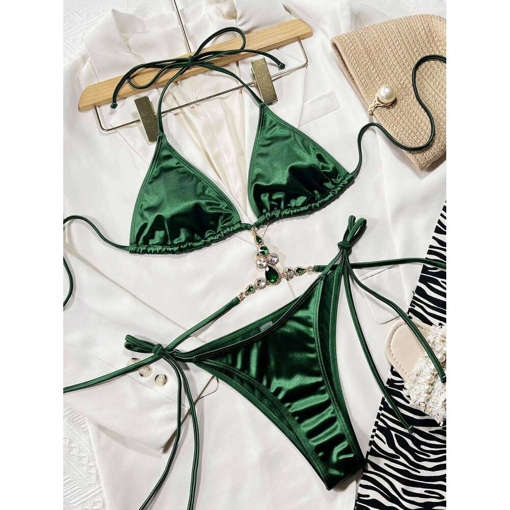 sexy green satin rhinestone halter tie bikini sets two pieces bathing suit swimsuit swimwear women beach outfits biquini tankini C260207