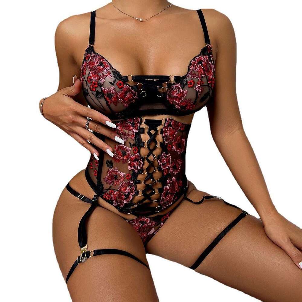 Sexy Lace Corset Bodysuit Women Floral Embroidered Bustier with Cross-Band Waist & Garter Chains for Intimate Moments & Role Play