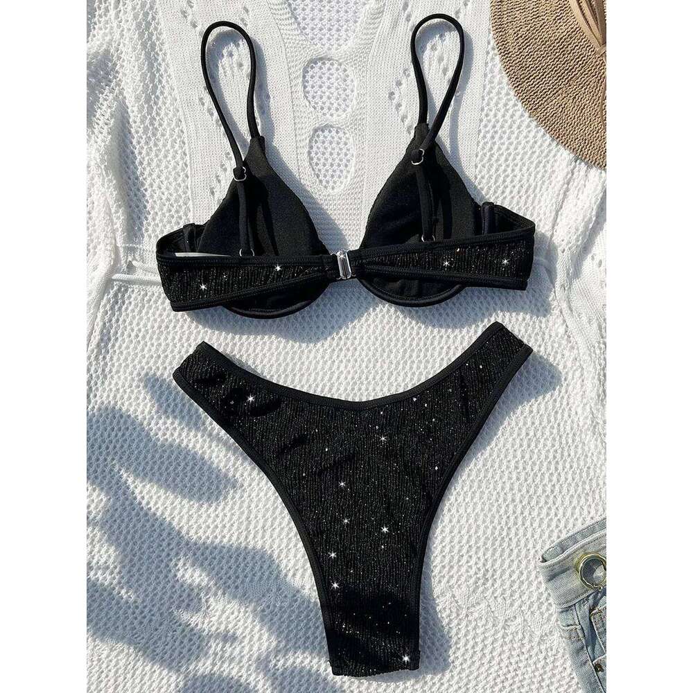 Shiny Sparkling Underwired V-bar Women Swimwear Female Swimsuit Two-pieces Bikini Set Smocked Push Up Bathing Suit Swim C260207