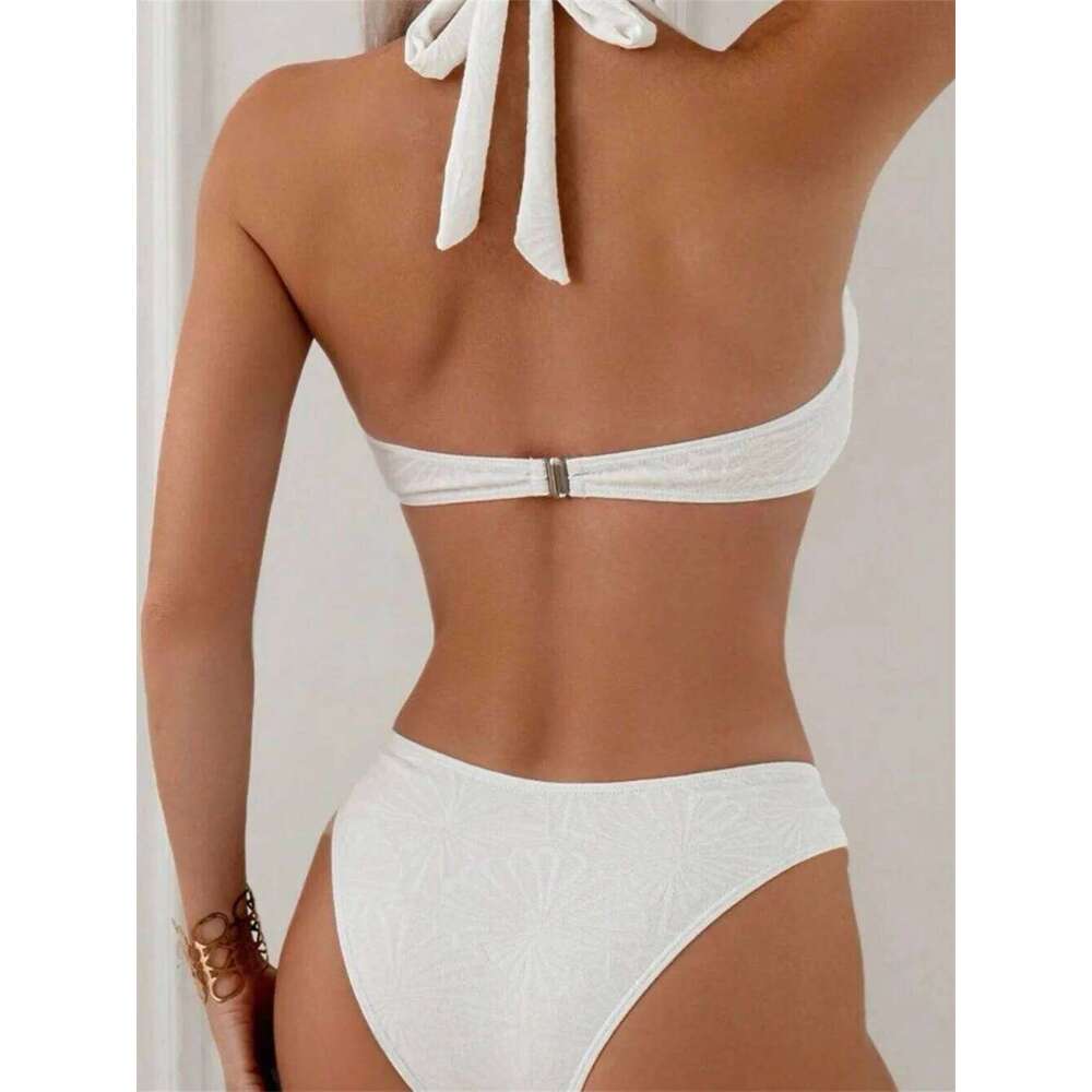 Floral Jacquard Heart Bikini White Y2K Triangle Halter Bandage Push Up Swimsuit Tanga Women Backless Vacation Swimwear Beach Set C260207