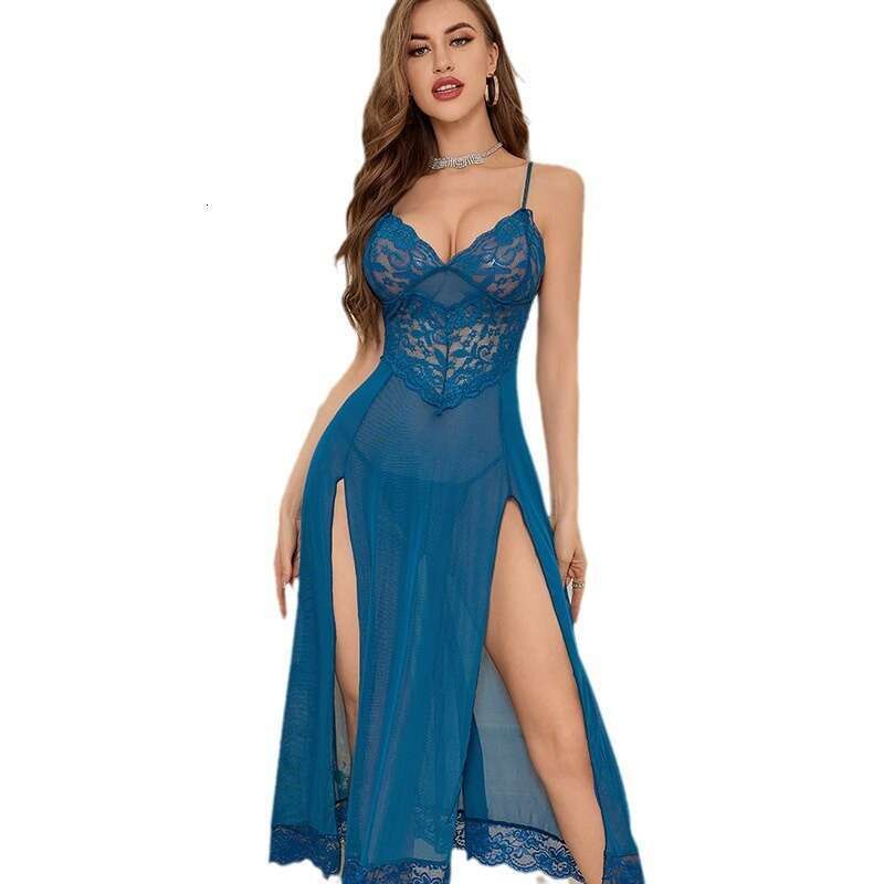 Elegant Long Lace Nightgown Women Deep V Neck Sheer Sleep Dress with High Side Slit & Train, Romantic & Seductive Lingerie for Special Moments