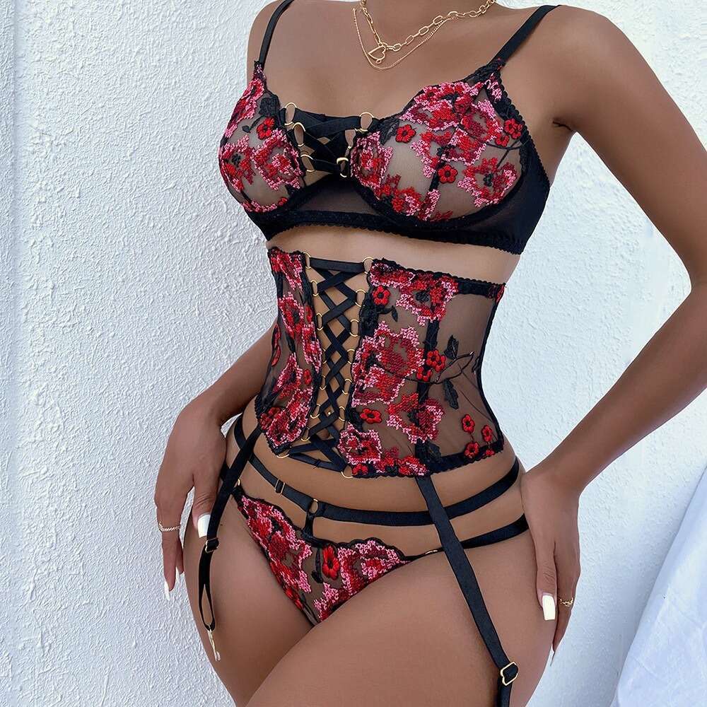 Sexy Lace Corset Bodysuit Women Floral Embroidered Bustier with Cross-Band Waist & Garter Chains for Intimate Moments & Role Play