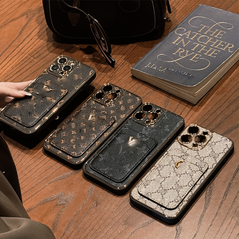 Designer phone case suitable for iPhone 17, 16, 15, 14, 13 Pro Max, 15 Plus, and Samsung S24 Ultra, S23, S22, featuring a cardholder design.