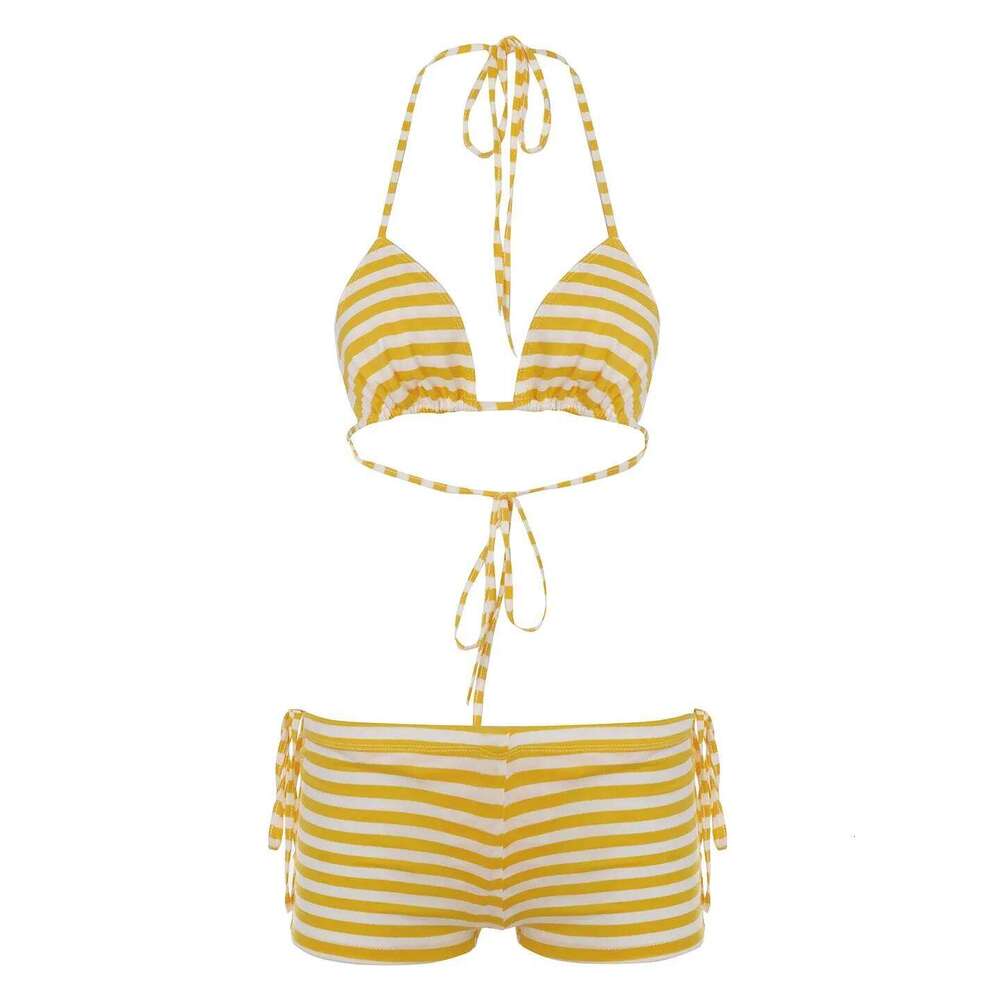 Striped Patchwork Skinny Sweet Bikinis Summer Fashion Sexy Bandage Beach Style Chic Women Piece 3 Set C260207