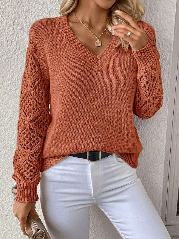 Spring and Autumn Hollow Knitted Sweater Women's Pullover Long Sleeve Crochet Jacquard Loose V-neck Base Shirt
