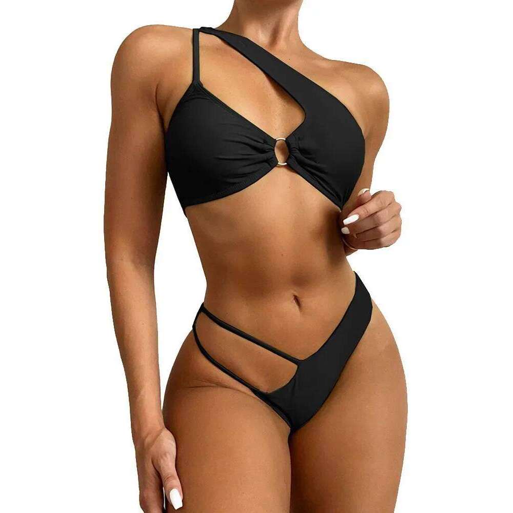 Sexy Asymmetric One Shoulder Women Swimsuit Female Swimwear Two-pieces Bikini Set High Cut Out Bather Bathing Suit Swim C260207