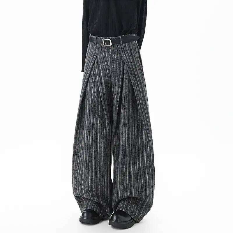 IEFB Niche Design Men's Trousers Striped Contrast Color Woolen Pleated Loose Straight Wide Leg Casual Male Pants 9X1633