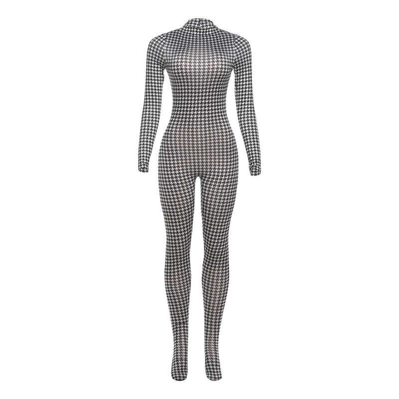 Cross-border European American style autumn and winter new women's fashion printed high-neck long-sleeve sexy high-waisted slim-fit jumpsuit