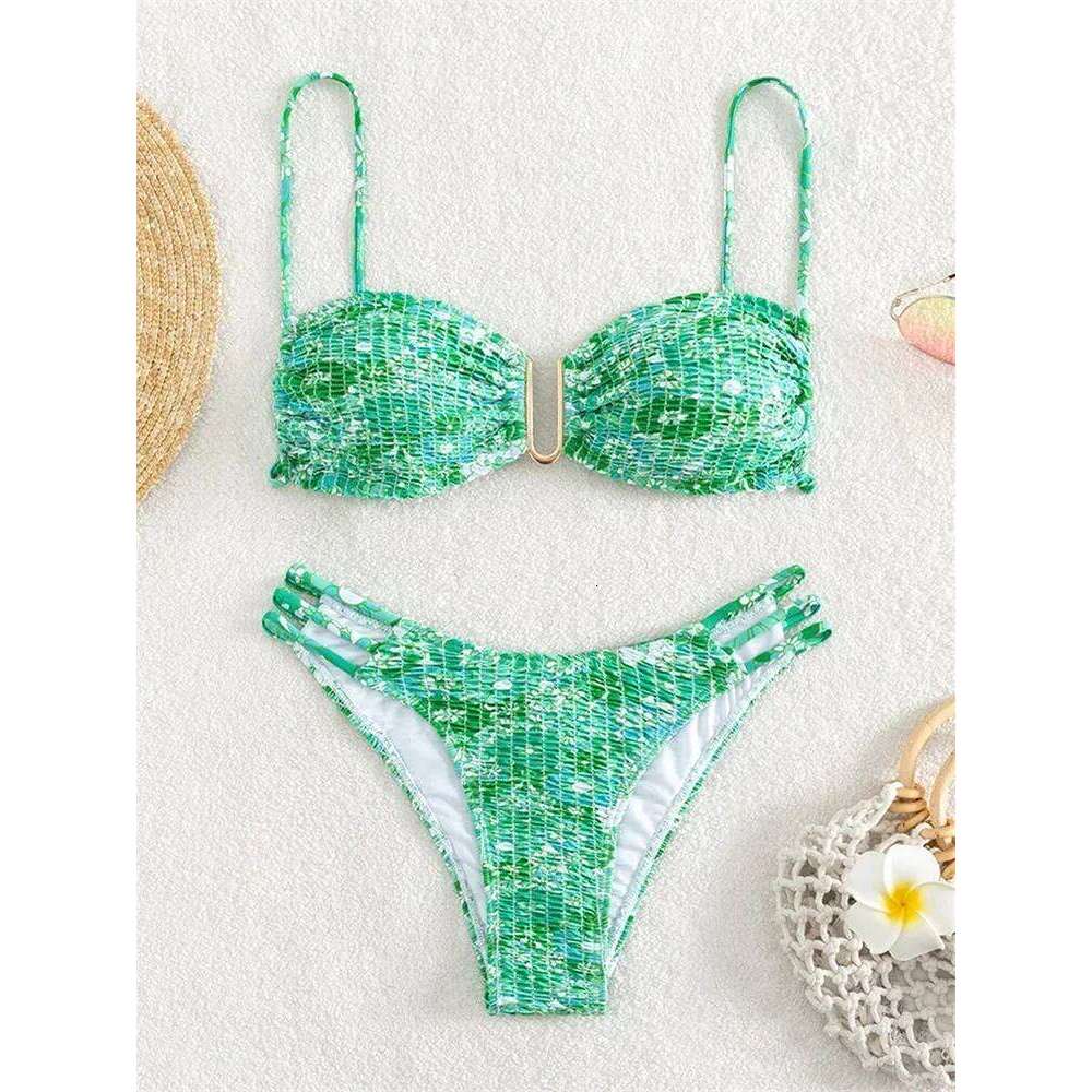 Sexy Pleate Bikini Women U Neck Push Orange Floral Print Micro Swimsuit 2025 Summer Bathing Suit Lace Up Thong Swimwear C260207